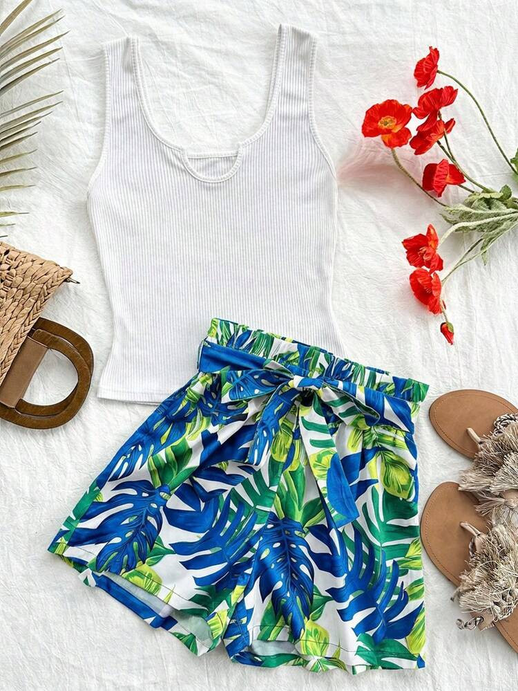 Soleia Women's Printed Vest And Shorts 2 Pieces Set, Summer Vacation | SHEIN