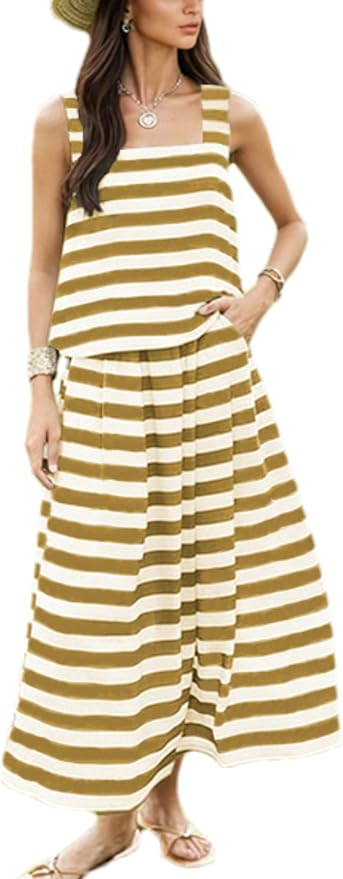 Amazon.com: Agoeast Womens Summer 2 Piece Skirt Set Striped Sleeveless Tank Top Maxi Dress Travel... | Amazon (US)