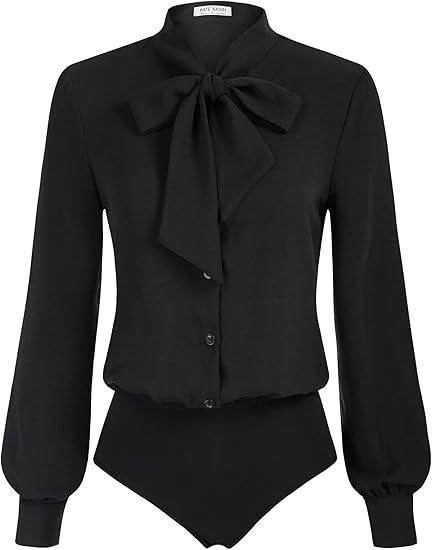 Kate Kasin Women Bow Tie Neck Office Blouse Button Down Long Sleeve Bodysuit Blouse Top | Amazon (US)