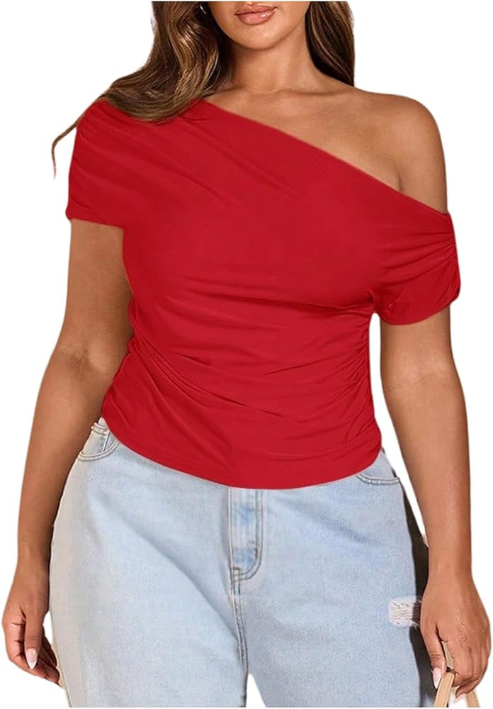 WDIRARA Women's Plus Size Off Shoulder Tee Shirt Ruched Asymmetrical Short Sleeve Tops | Amazon (US)