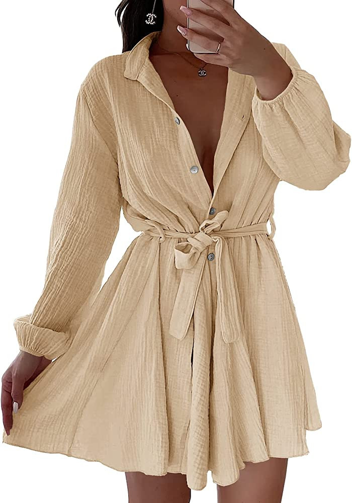 Saodimallsu Womens Long Sleeve Button Down Shirt Dress Casual Tan Dress Cute Dresses Neutral Dress | Amazon (US)