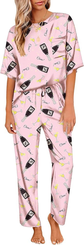 Ekouaer Womens Satin Silky Pajama Set Short Sleeve Shirt with Long Pajama Pant Set Soft PJ Lounge... | Amazon (US)