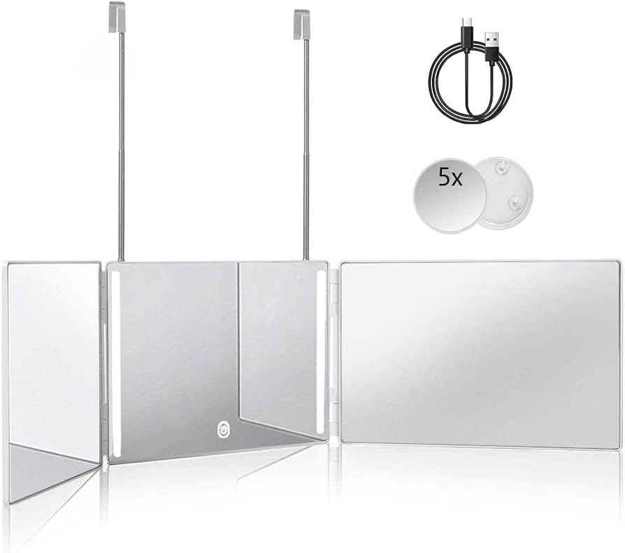 HIEEY 3 Way 360 Trifold Mirror with LED, Height Adjustable Telescoping Hooks,and 5X Magnification... | Amazon (US)