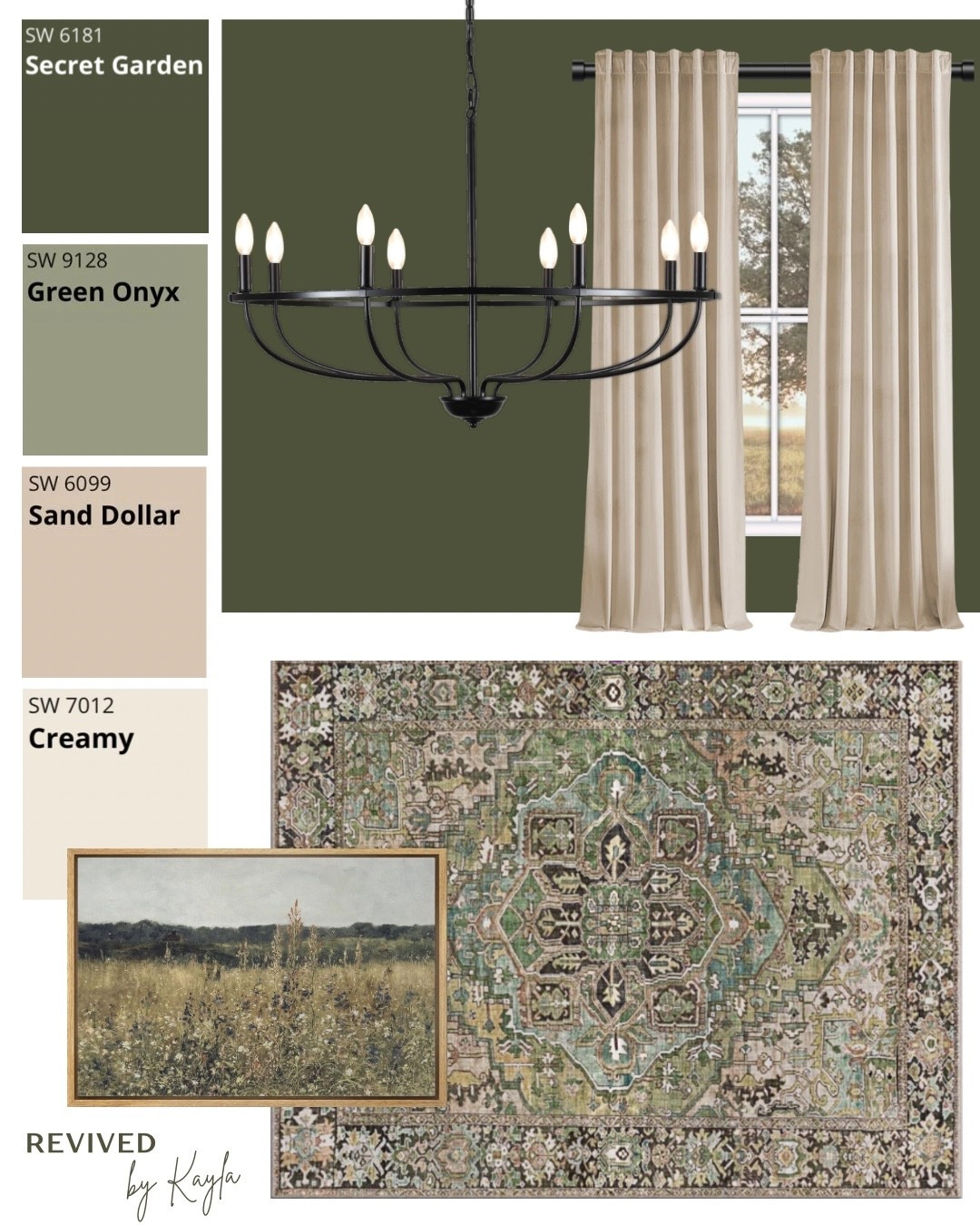 Green and beige room design, and paint color palette from Sherwin Williams 🌿 This green rug from Wayfair is so beautiful! This could be a dining room, living room, bedroom, or even an office!

#greendecor #moderndecor #modern #home #homedecor #homedesign #roomdesign #roomdecor #diningroom #bedroom #livingroom #office #inspiration #homeinspo #paintcolors #rug #blacklightfixture #curtains #moodboard

#LTKFindsUnder50 #LTKHome #LTKFindsUnder100