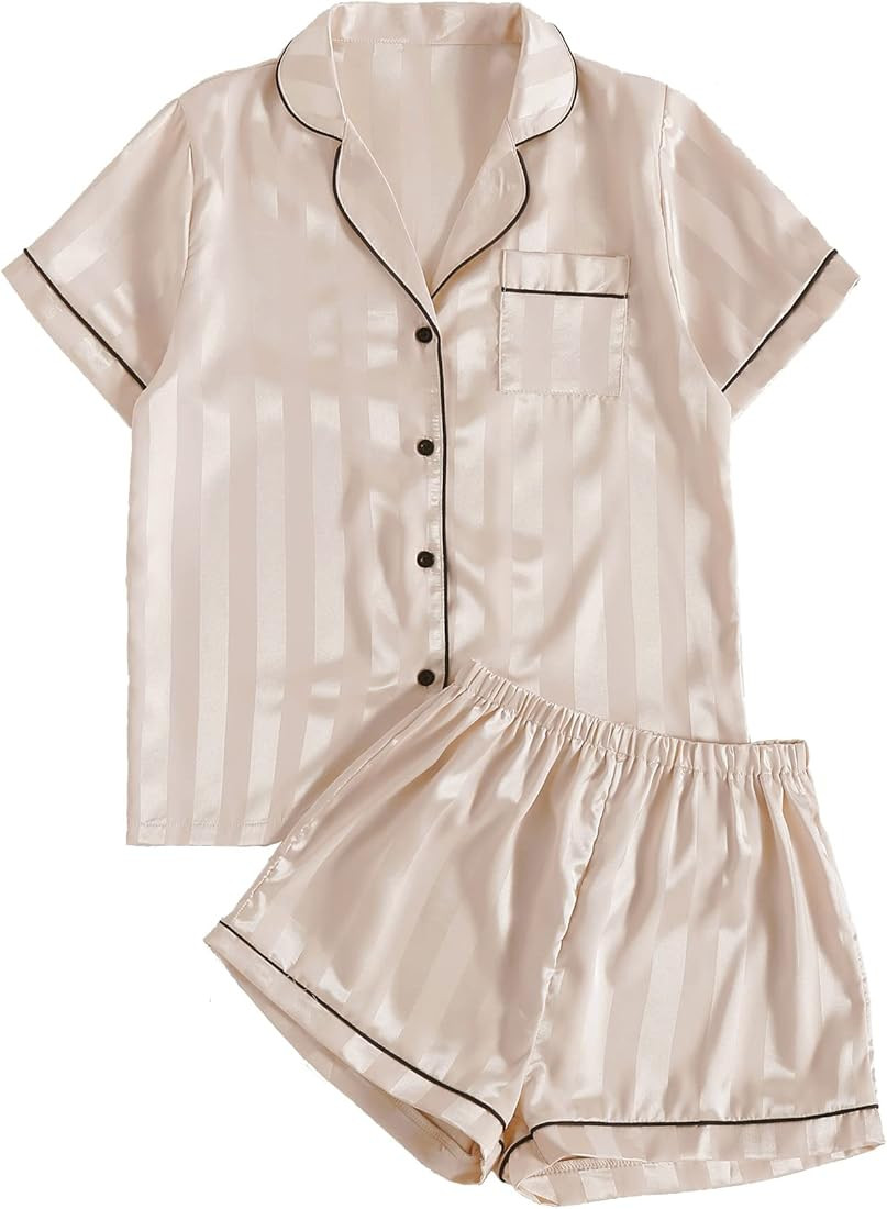 Umenlele Women's Silky Satin Striped Pajamas Short Sleeve Top with Shorts Sleepwear PJ Set | Amazon (US)