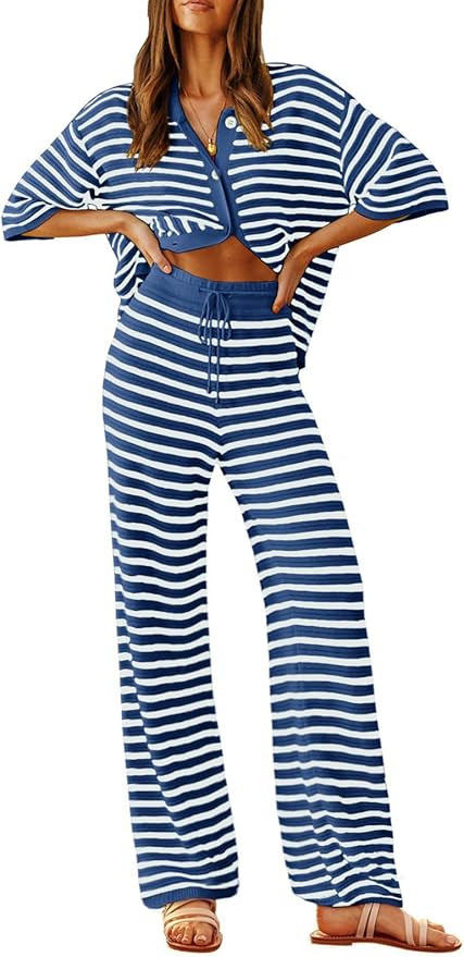 Tankaneo Womens Knit 2 Piece Lounge Sets Striped Short Sleeve Tops and Wide Leg Pants Travel Airp... | Amazon (US)