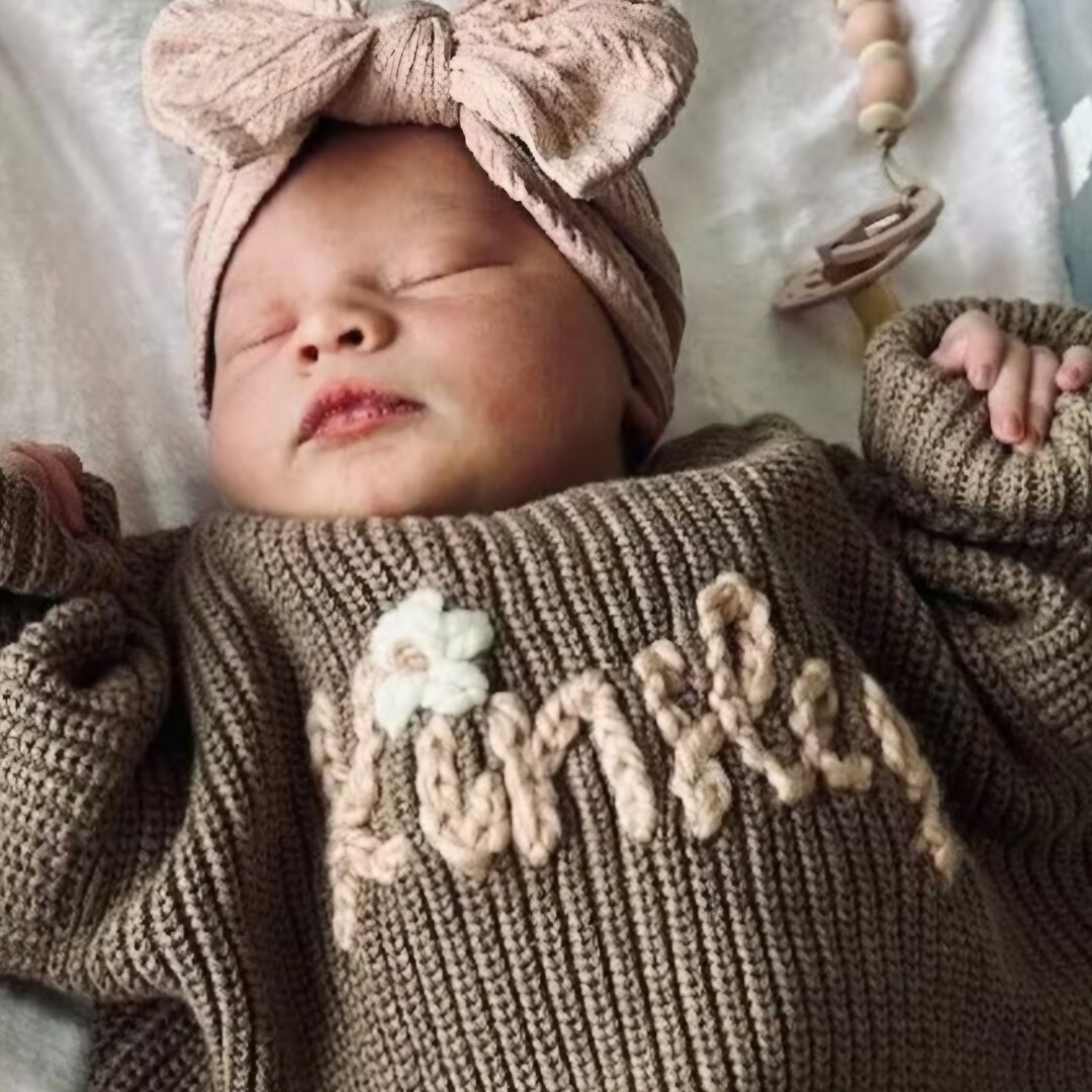 Hand Embroidered Name Sweater, Baby Knitted Sweater with name, Personalized Newborn Sweater, Baby... | Etsy (US)