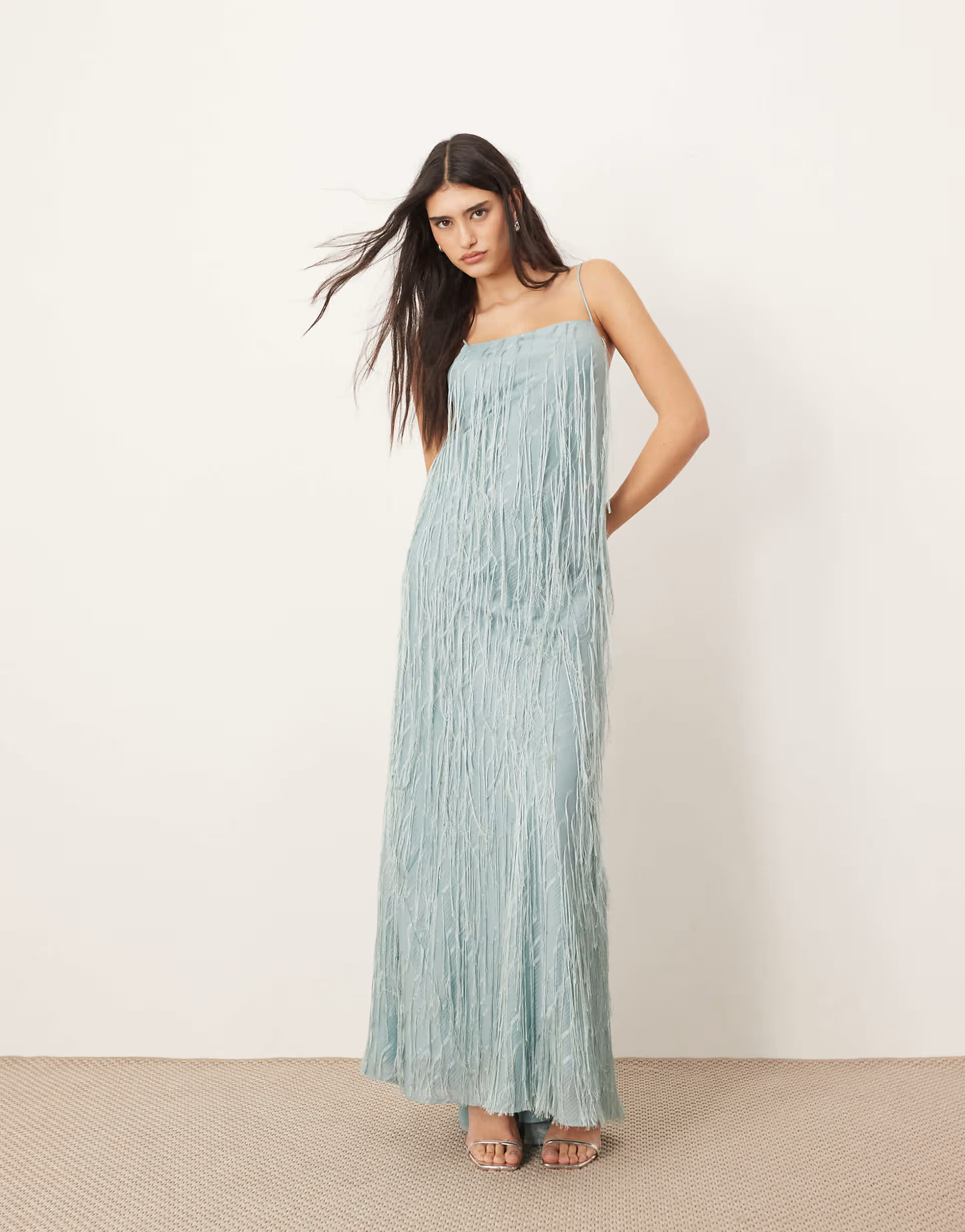 ARRANGE satin fringe bias maxi dress in light blue | ASOS (Global)