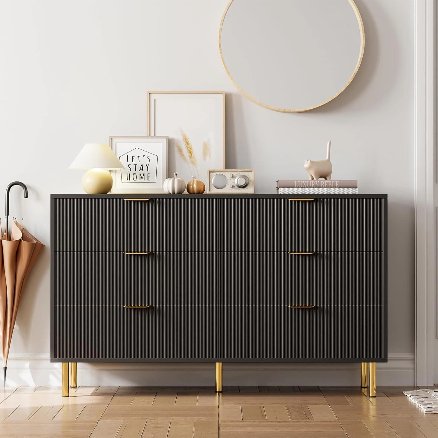 Qeetex 6 Drawer Dresser Wood Chest of Drawers Organizer Storage with Gold Handle Large Storage Cabinet Modern Design Dresser for Bedroom Living Room | Lowe's