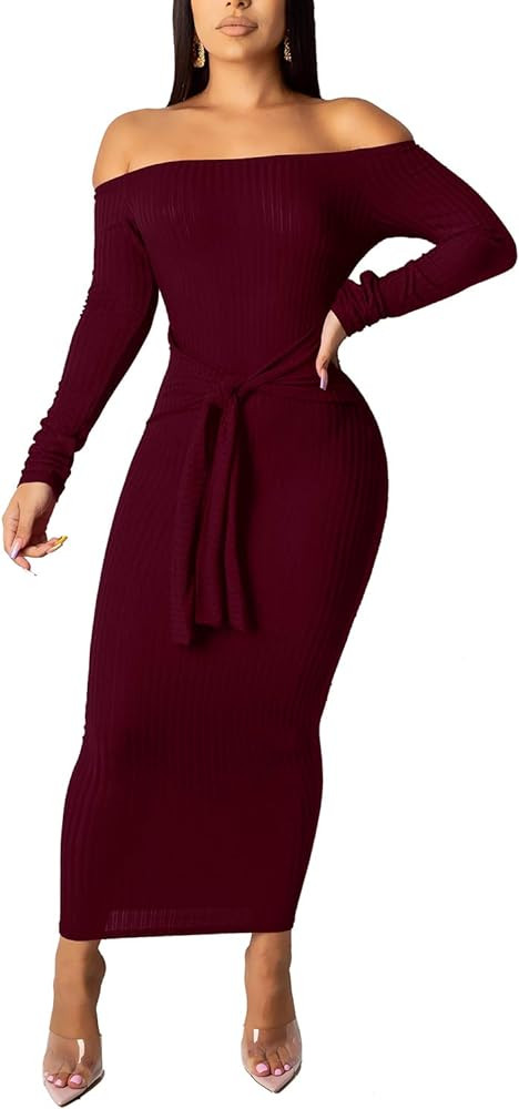 SheKiss Women's Off Shoulder Long Sleeves Bodycon Sweater Dress Sexy Knit Slim Cardigans | Amazon (US)