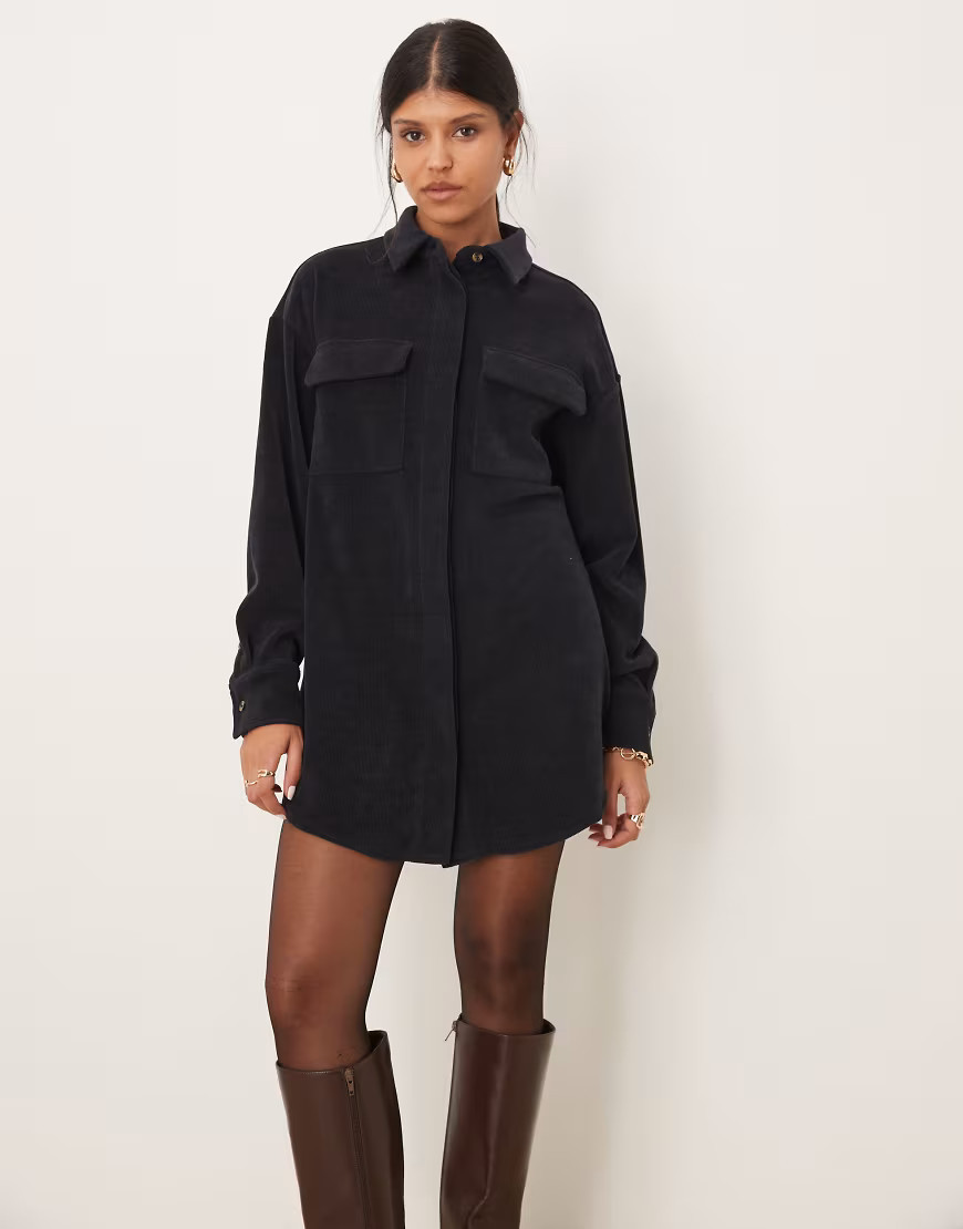 ASOS DESIGN cord utility shirt mini dress in navy | ASOS (Global)