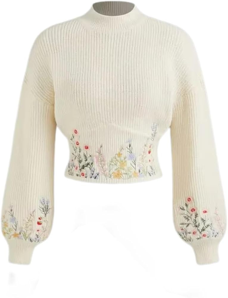 Women's Floral Embroidery Lantern Long Sleeve Sweater Mock Neck Cropped Knit Sweater Pullover Top | Amazon (US)