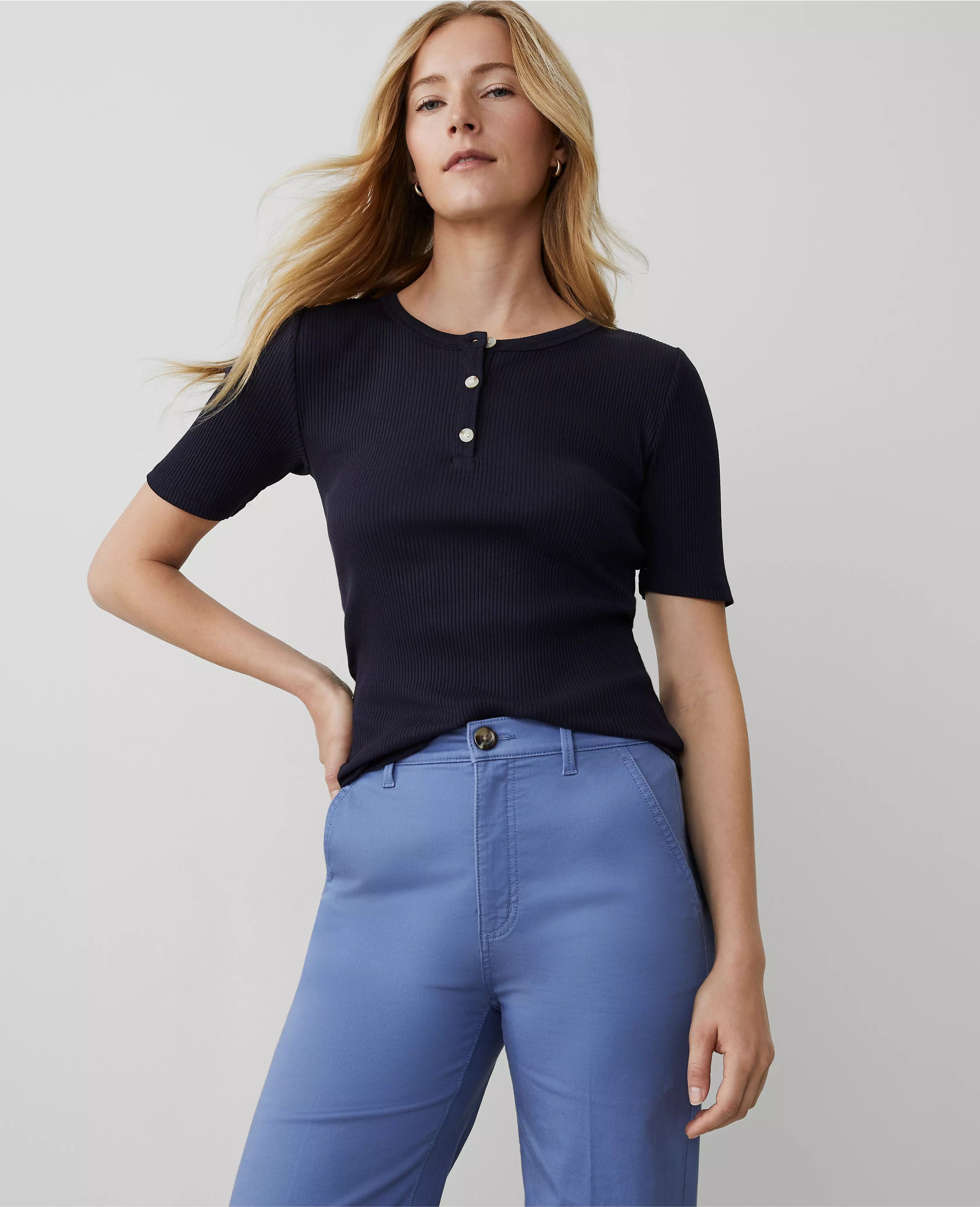 Petite Weekend Collection Ribbed Henley Top | Ann Taylor