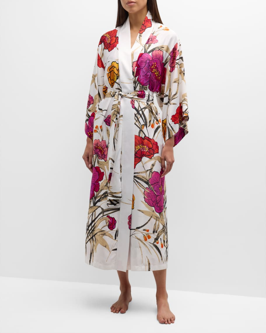 Natori Anais Floral-Print Kimono-Sleeve Charmeuse Robe | Neiman Marcus