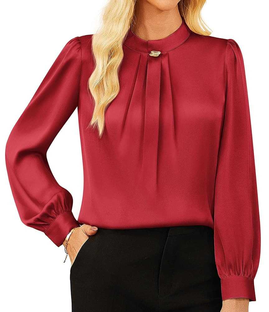 GRACE KARIN Women's Long Sleeve Business Casual Tops Dressy Silk Satin Blouse Pleated Mock Neck S... | Amazon (US)