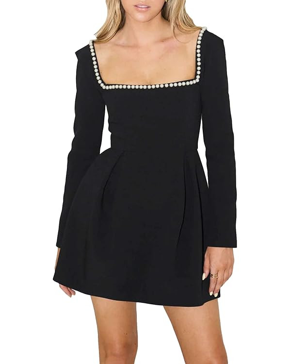 Women's Long Sleeve Mini Dress Pearl Square Neck Ruffle Hem Short Dress Bride Party Club Elegant ... | Amazon (US)