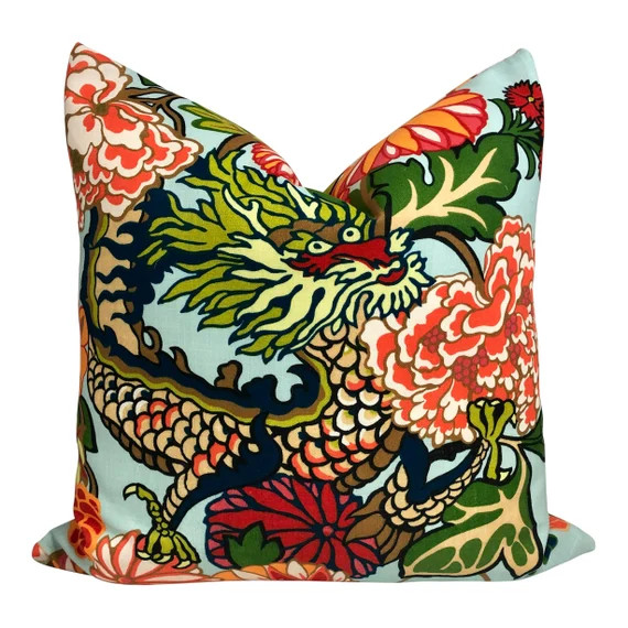 Schumacher Indoor/Outdoor Chaing Mai Dragon Pillow in Aquamarine. | Etsy (US)