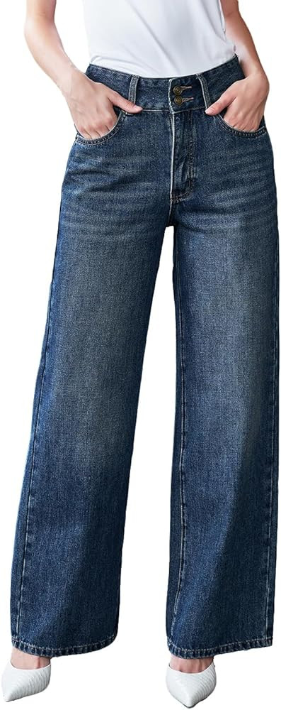 Women’s High Waisted Baggy Jeans – Stretchy Wide Leg Tummy Control Straight Leg Denim Pants T... | Amazon (US)
