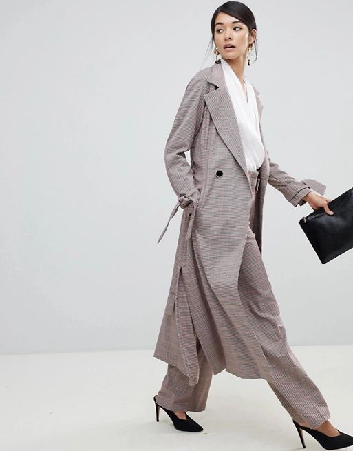 Closet London trench coat with tie sleeve in check | ASOS UK