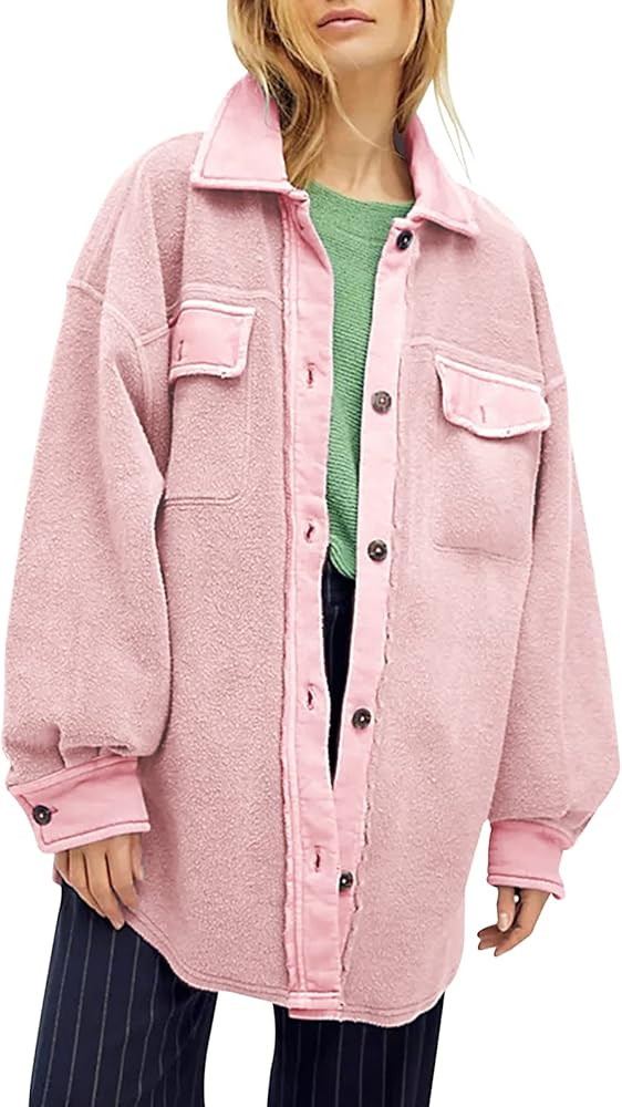 Womens Oversized Long Sleeve Button Down Shirt Jacket Soft Comfy Casual Shacket Coats with Pockets | Amazon (US)