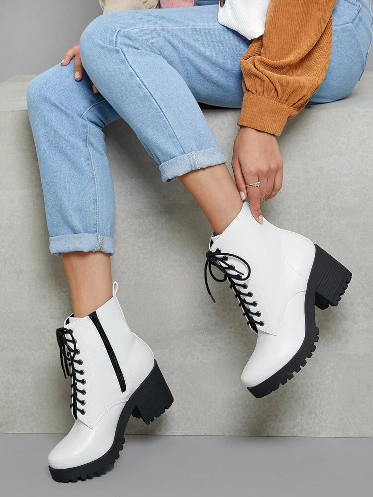 Faux Leather Lace-Up Block Heel Combat Boots | SHEIN