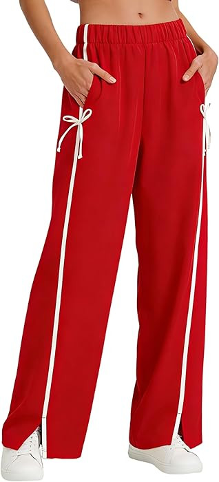 Hongsui Women's Striped Wide Leg Pants Sweatpants with Bow Elastic Waist Baggy Athletic Pants wit... | Amazon (US)
