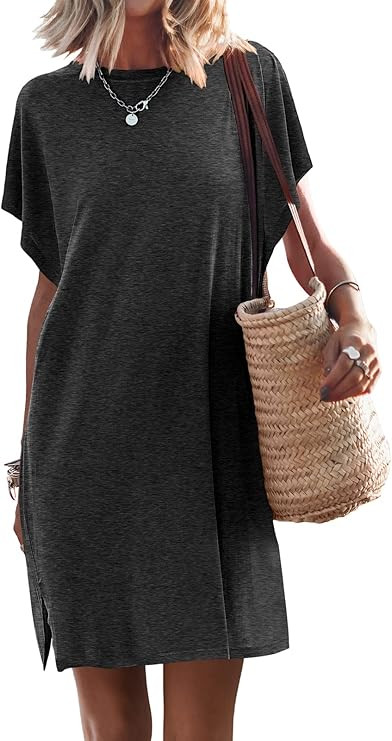 ANRABESS Women’s Summer Short Sleeve T-Shirt Dress Casual Loose Slit Beach Mini Dress Tunic Top | Amazon (US)