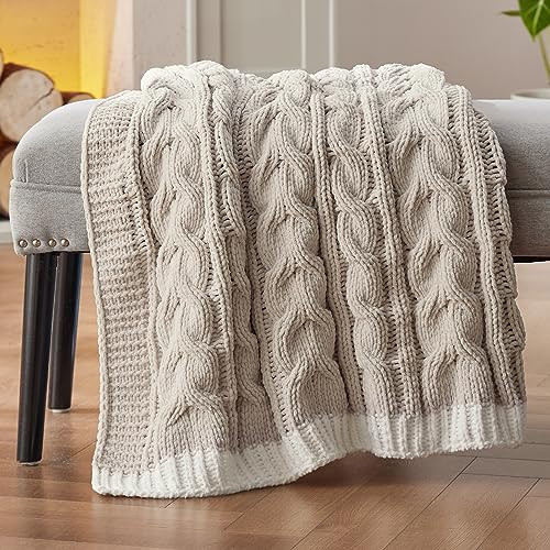 Bedsure Cable Knit Throw Blanket for Couch Bed - Breathable Chenille Chunky Knit Throw Blanket for Decorative Gift, GentleSoft Cozy and Warm for Winter and All Seasons, Beige, 50x60 Inches | Amazon (US)
