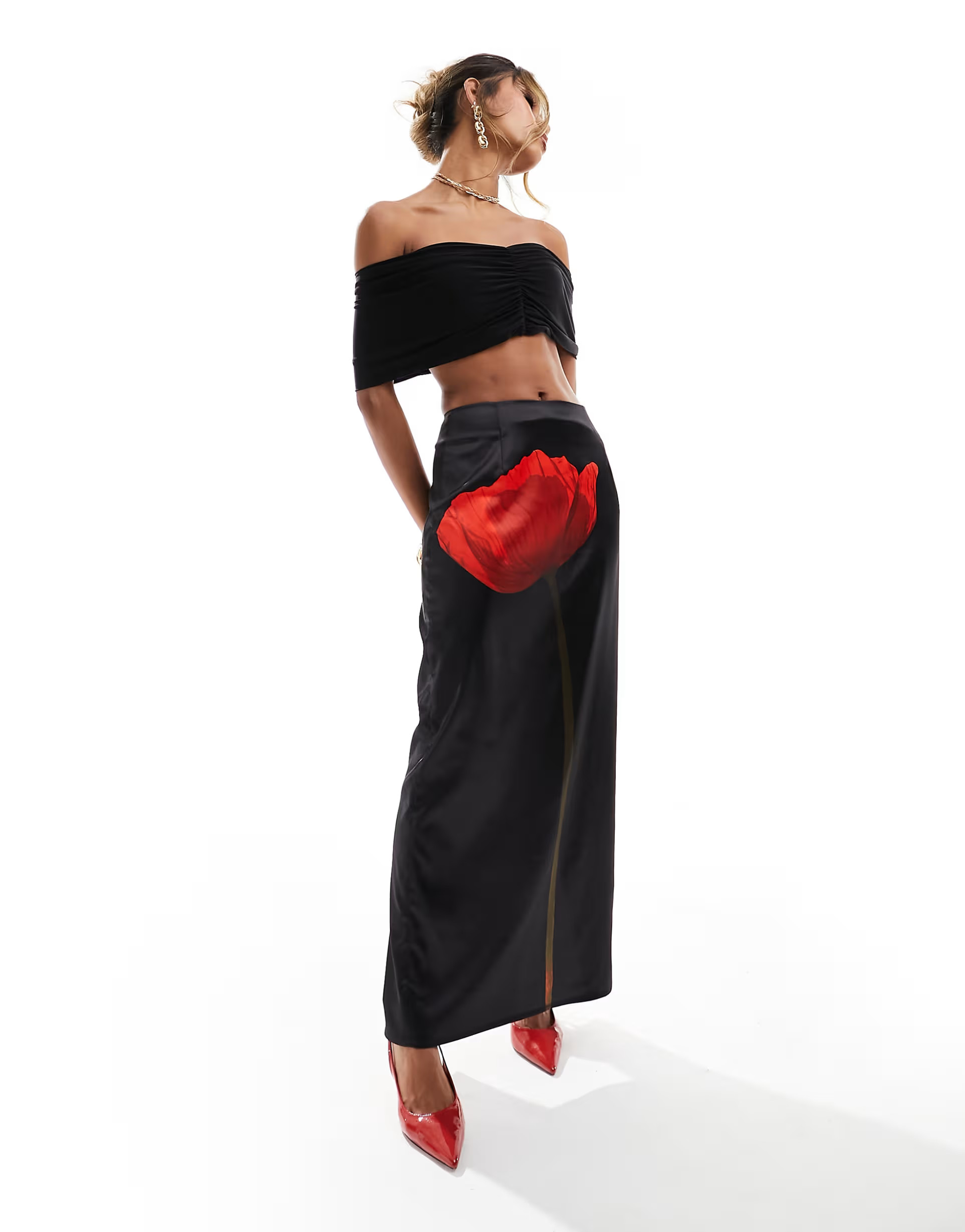 Kaiia satin flower motif maxi skirt in black | ASOS | ASOS (Global)