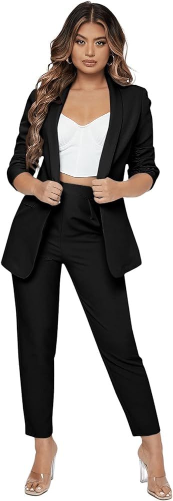 SweatyRocks Women's 2 Piece Solid Ruched Sleeve Blazer and Pants Business Office Suit Set | Amazon (US)