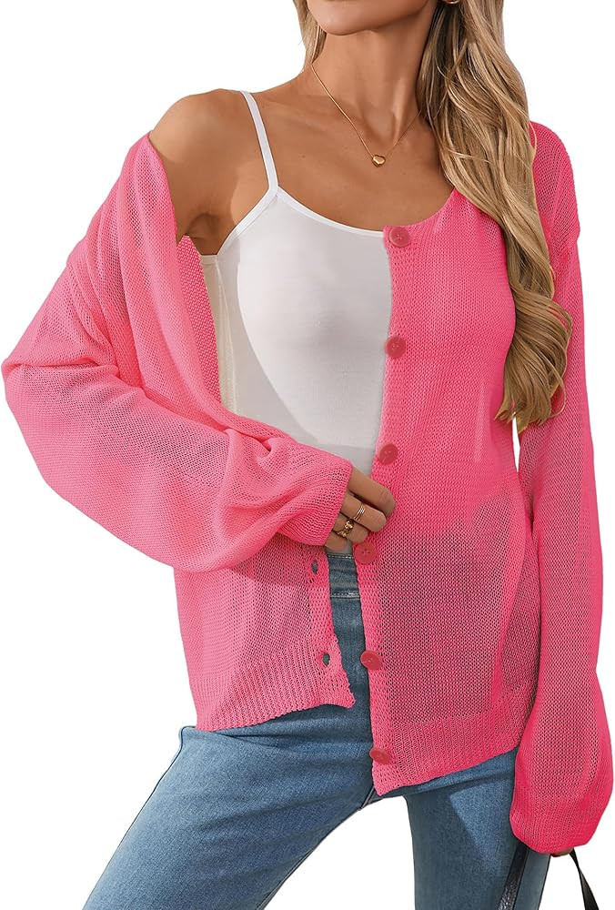 Womens Oversized Lightweight Sheer Button Cardigan Spring 2025 Trendy Solid Ribbed Knit Long Slee... | Amazon (US)