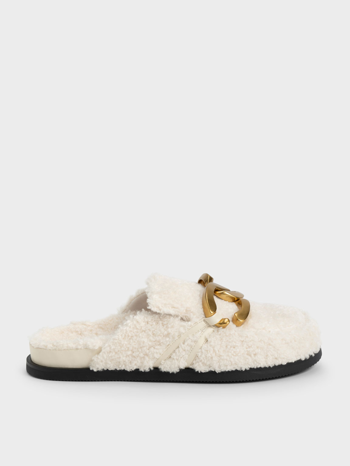 Metallic Accent Furry Loafer Mules
 - Chalk | Charles & Keith UK