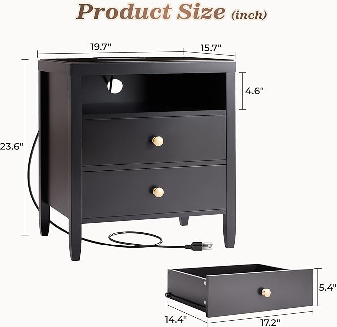 Huuger Black Nightstand Set of 2, Night Stand with Charger Station, Bedside Table with 2 Drawers,... | Amazon (US)