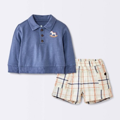 Baby Boys' Cross Stitch Polo Long Sleeve and Shorts Set - Cloud Island™ Blue 12M | Target