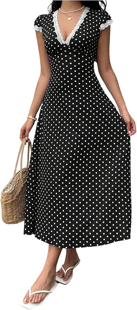 Milumia Women's Polka Dots Lace Trim Deep V Neck Dress Short Sleeve Flared Long Dresses | Amazon (US)