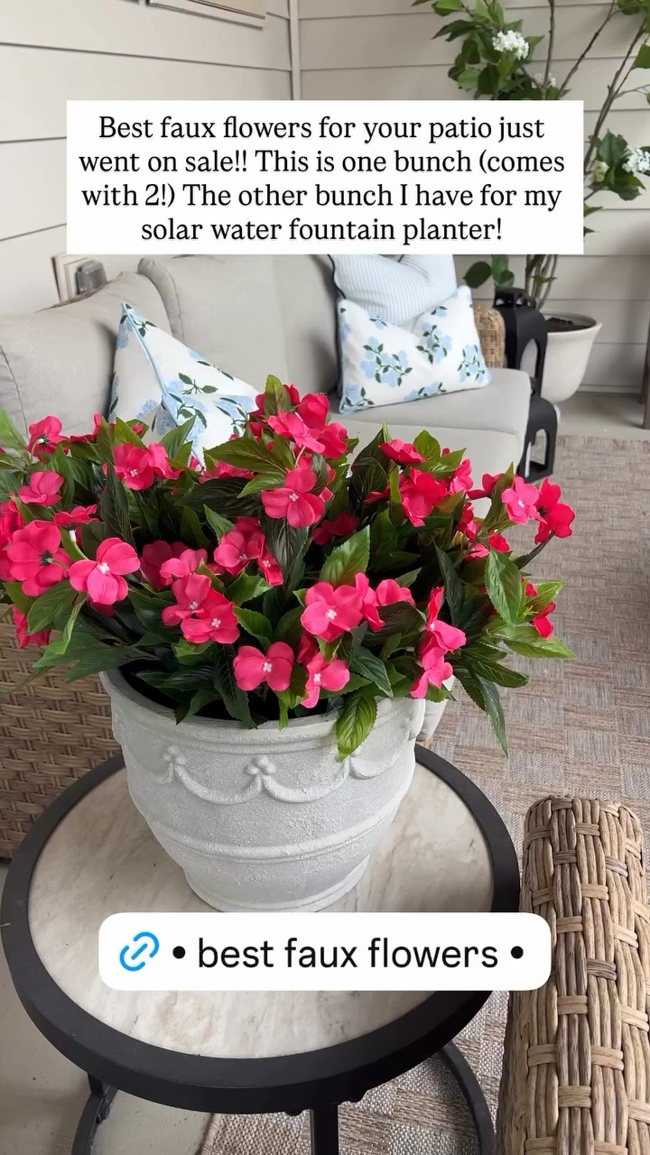 Best faux flowers for your patio just went on sale!! This is one bunch (comes with 2!) The other bunch I have for my solar water fountain planter!