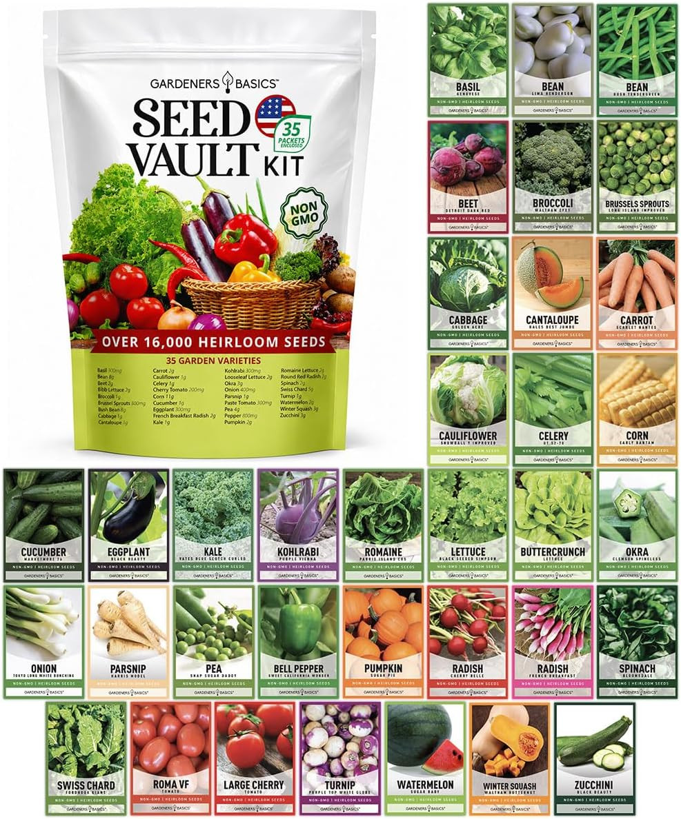 Survival Vegetable Seeds Garden Kit Over 16,000 Seeds Non-GMO and Heirloom, Great for Emergency Bugout Survival Gear 35 Varieties Seeds for Planting Vegetables 35 Plant Markers Gardeners Basics | Amazon (US)