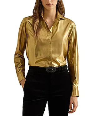 Lauren Ralph Lauren Metallic Chiffon Point Collar Long Sleeve Button Front Shirt - S | Dillard's