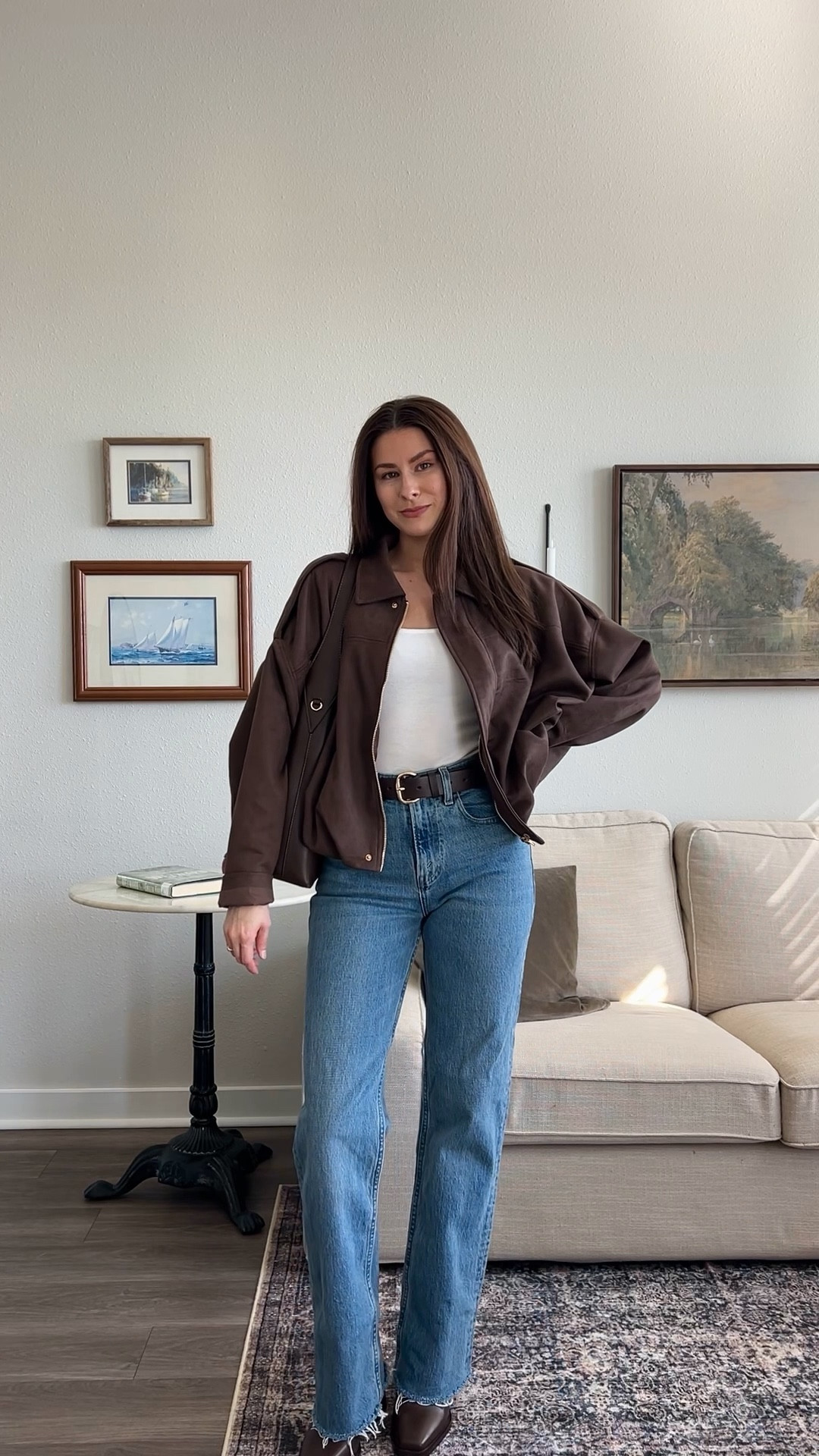 Casual fall outfit — one for warmer weather and one for colder temps! 🤎 

Suede jacket: xs
Sweater: xs
Denim: 25

#LTKFindsUnder100 #LTKootd #LTKFindsUnder50