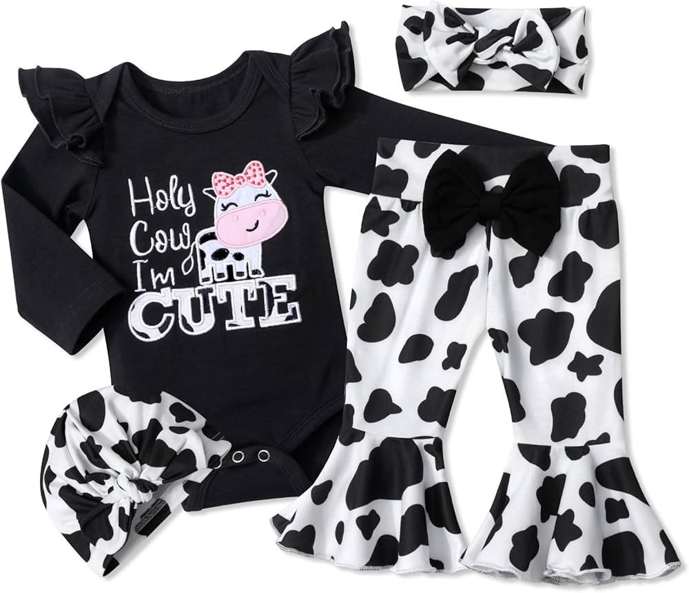 ADIFUN Baby Girl Clothes,4pcs Newborn Girl Outfits Ruffle Romper Baby Bell Bottoms Headband Banda... | Amazon (US)