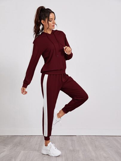 Contrast Sideseam Drawstring Hooded Tracksuit Set | SHEIN