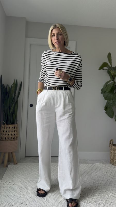 Summer staple pants; wide leg linen are light weight & breathable in the heat!! 

I love how chic & effortless they look with a stripe top + leather slides. I am wearing a size 4 tall, I am 5’10” for height reference 

#LTKOver40 #LTKVideo #LTKFindsUnder100
