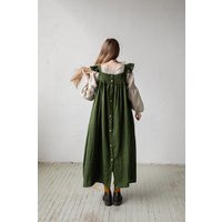 Forest Green Prairie Dress, Linen Dress With Flutter Sleeves, Oversized Apron, Wings, Women, Victorian Style | Etsy (US)