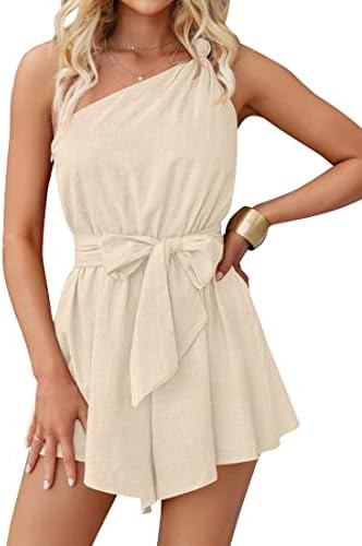 ZESICA Women's 2023 Boho Summer Romper One Shoulder Sleeveless Tie Waist Beach Short Jumpsuit Pla... | Amazon (US)