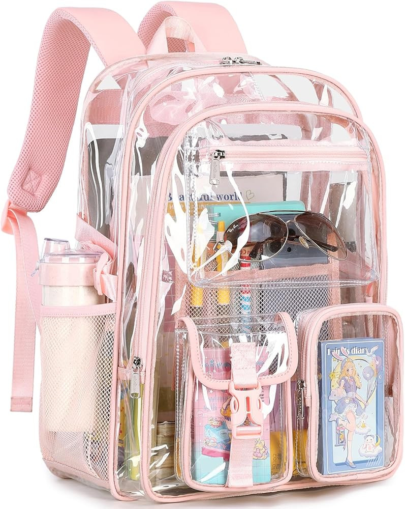 abshoo Large Clear Backpack For Girls Women School Bookbag Heavy Duty Transparent Backpack (Pink) | Amazon (US)