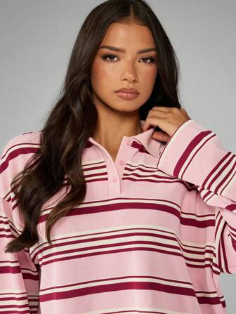 MISSGUIDED Retro Rugby Polo Collar Pullover Top Preppy Varsity Stripe Long Sleeve Autu | SHEIN