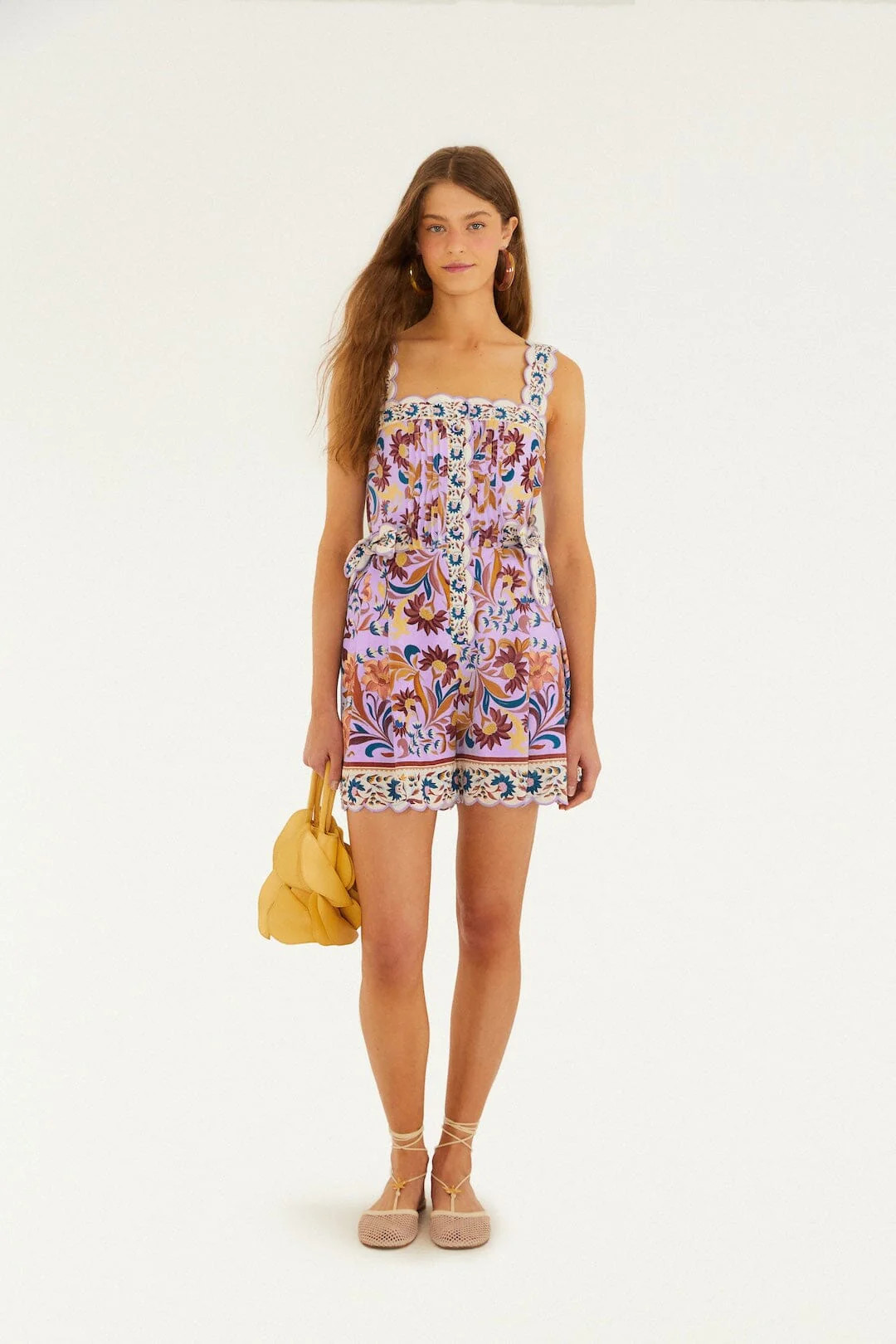 Lilac Flower Tiles Lenzing Ecovero Euroflax Romper | FARM Rio | FarmRio (US)