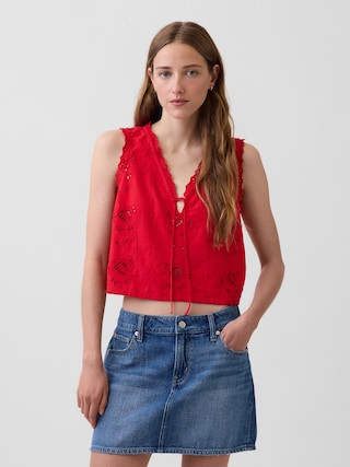 Linen-Blend Embroidered Crop Shell Tank Top | Gap (CA)
