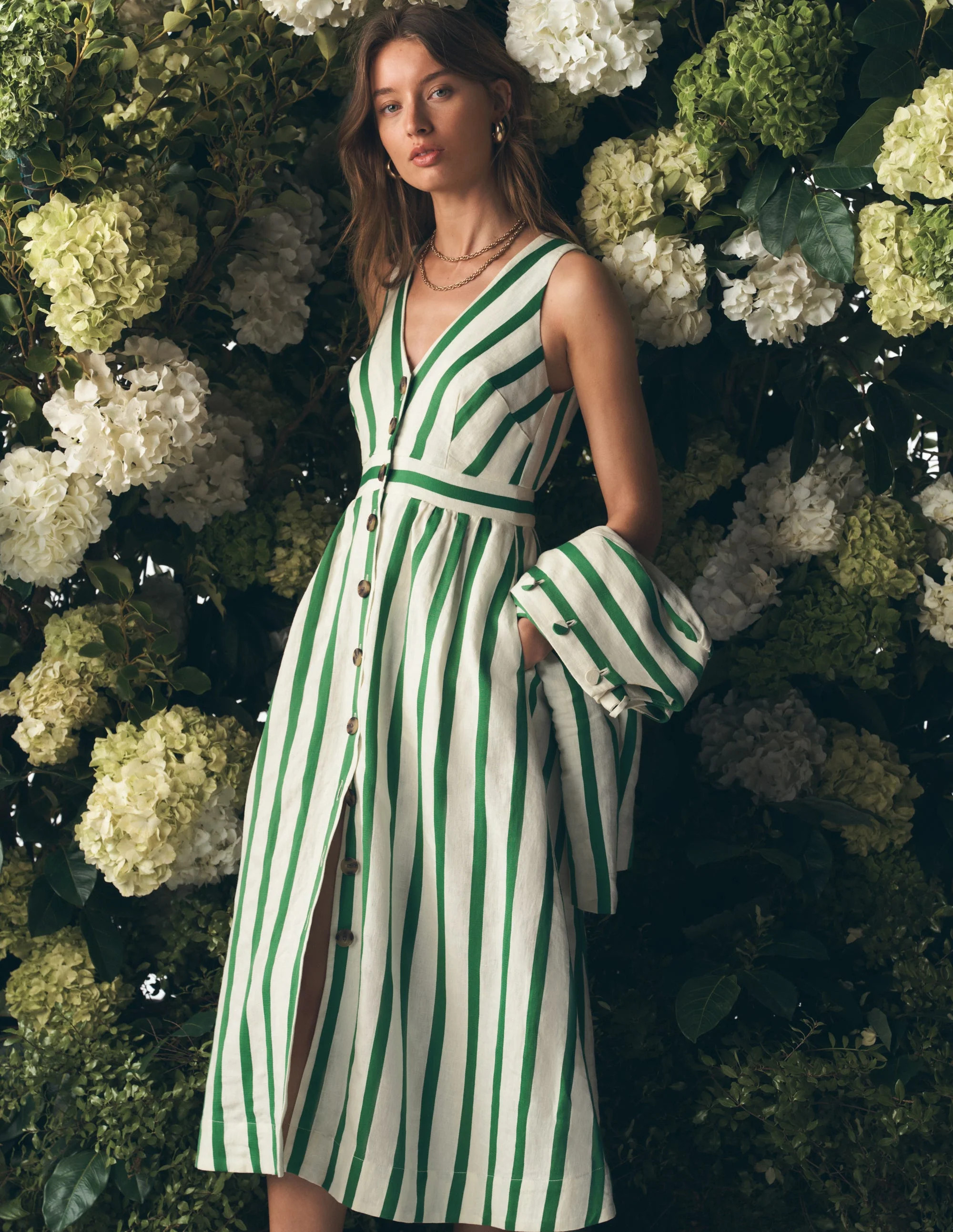 Catherine Button Linen Dress-Ivory and Green Satin Stripe | Boden UK