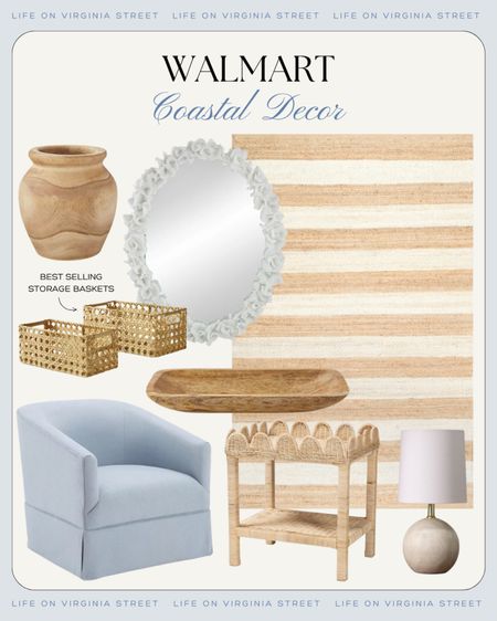 Loving these Walmart coastal decor finds! So perfect for spring and summer! Includes this neutral striped jute rug, light blue armchair, coral mirror, wood vase, scalloped side table, round wood lamp, cane style baskets, and a wood dough bowl!
.
#ltkhome #ltkfindsunder50 #ltkfindsunder100 #ltkstyletip #ltkseasonal #ltksalealert living room decor, coastal family room ideas, preppy decor, serene decorating #LTKhome #LTKfindsunder50

#LTKSaleAlert #LTKHome #LTKSeasonal